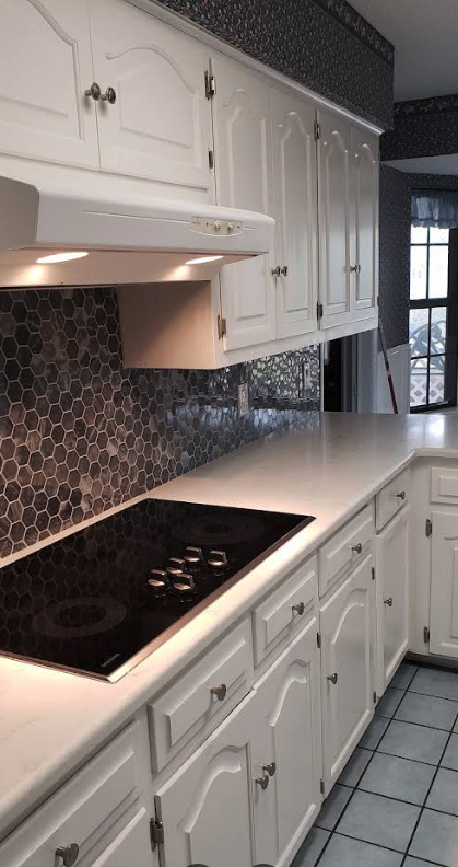 Kitchen Renovation - White Cabinets with Hexagonal Backsplash